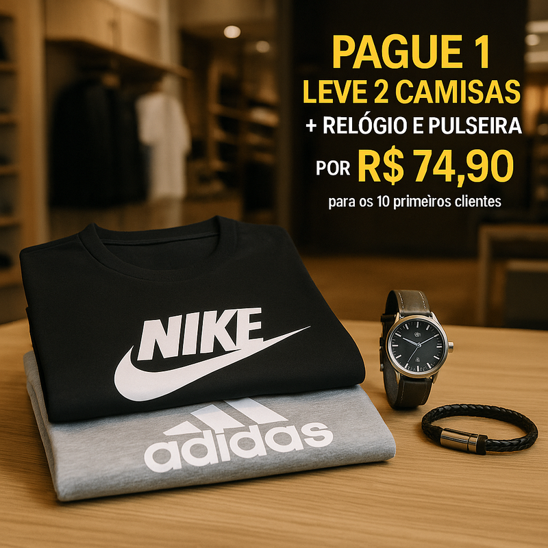 Pague 1 Camisa Leve 2 Camisas + Relógio e Pulseira (Para os 10 primeiros clientes)